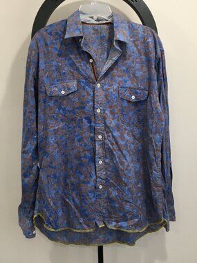 ARNOLD ZIMBERG Blue White Tie Dye Brown Floral Print Long Sleeve Button Shirt